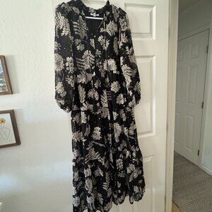 Pollygram Black Floral Midi Dress – Size M – Romantic Sheer Overlay